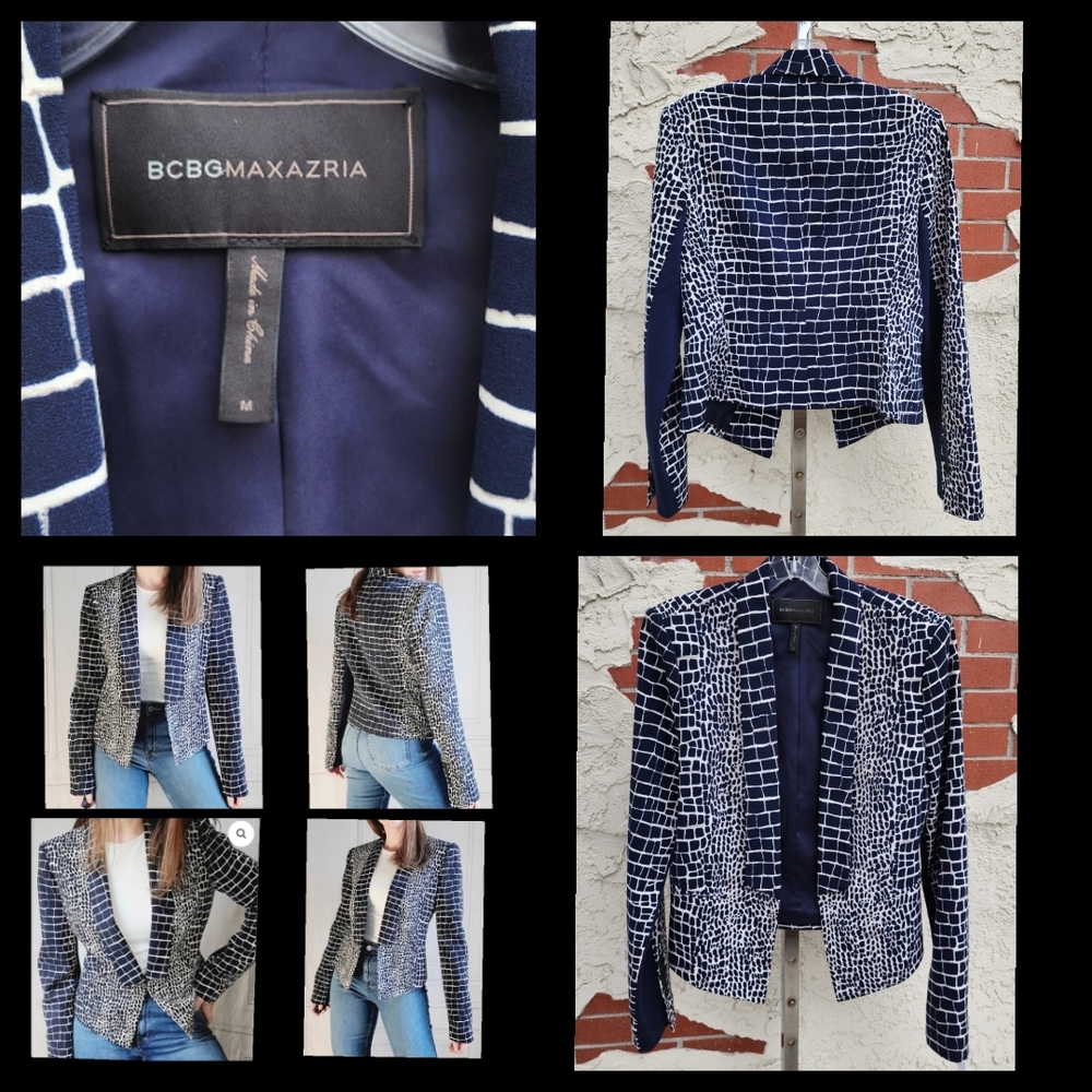 $298 Medium women BcbgMaxazria Navy Blue Croc Leeam Blazer Jacket Long Sleeve